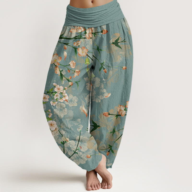 Peach Blossoms Flying Geese Pattern Women's Elastic Waist Harem Pants
