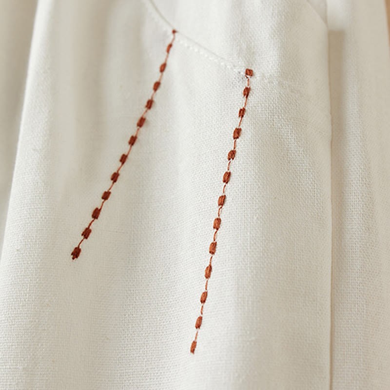 Wild Simple Design Embroidery Drawstring Cotton Linen Women's Shorts With Pockets
