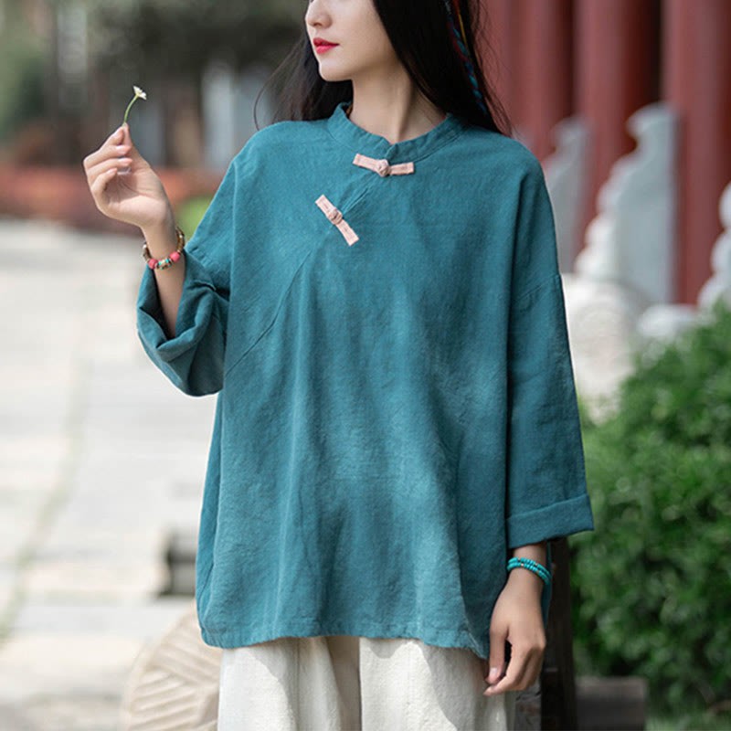 Ramie Linen Loose Blouse Women Long Sleeve Shirt Chinese Hanfu Top