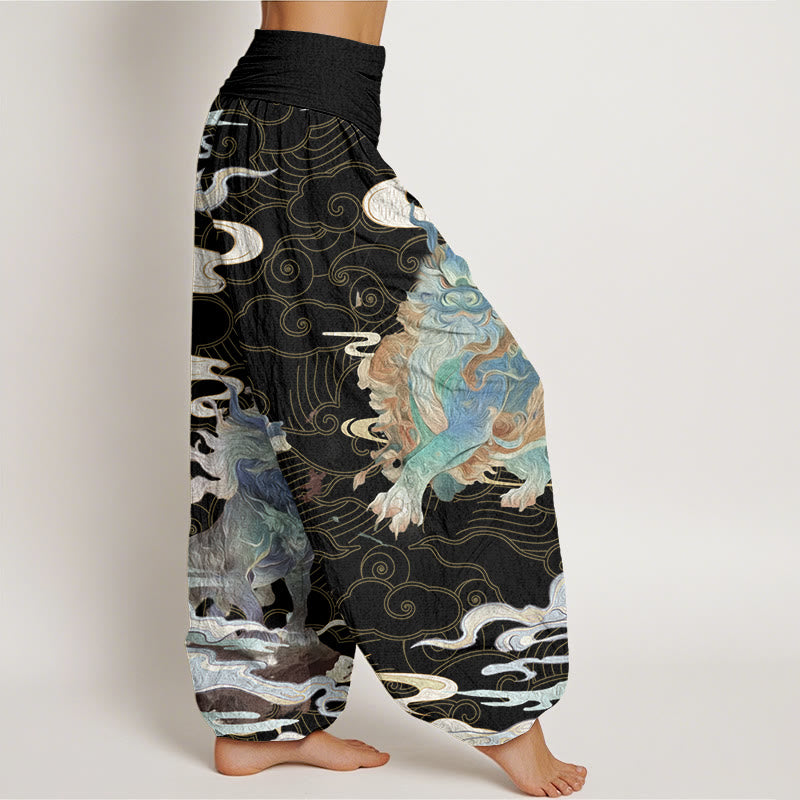PiXiu Auspicious Clouds Pattern Women's Elastic Waist Harem Pants