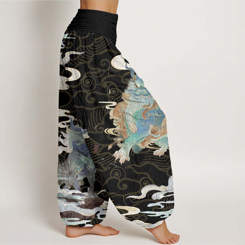 PiXiu Auspicious Clouds Pattern Women's Elastic Waist Harem Pants