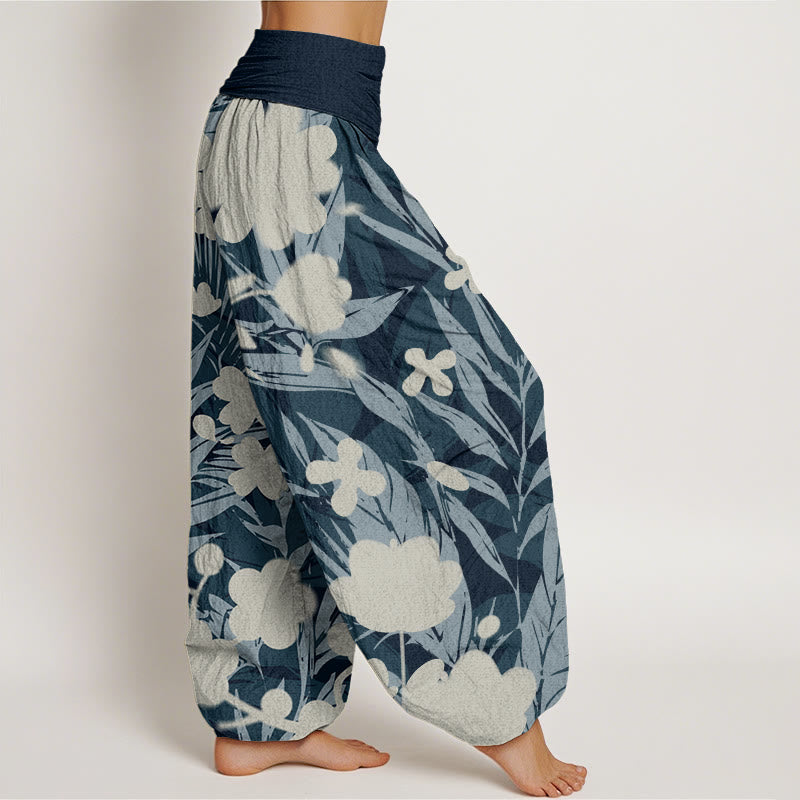 Long Leaves Flowers Pattern Design Women's Elastic Waist Harem Pants