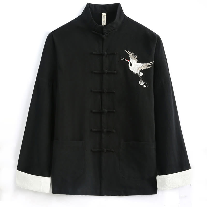 Chinese New Year Crane Embroidery Tang Suit Hanfu Long Sleeve Top Pants Clothing  Cotton Linen Men's Set With Pockets