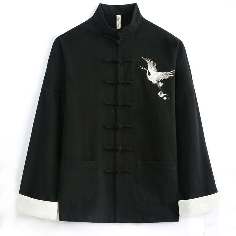 Chinese New Year Crane Embroidery Tang Suit Hanfu Long Sleeve Top Pants Clothing  Cotton Linen Men's Set With Pockets