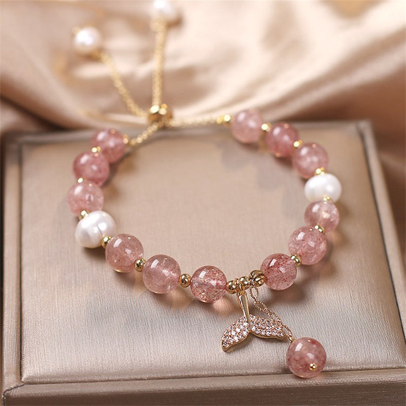 Strawberry Quartz Rutilated Quartz Fishtail Charm Healing Bracelet