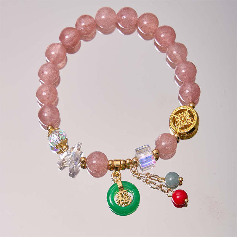 Strawberry Quartz Jade Fu Character Charm Healing Bracelet