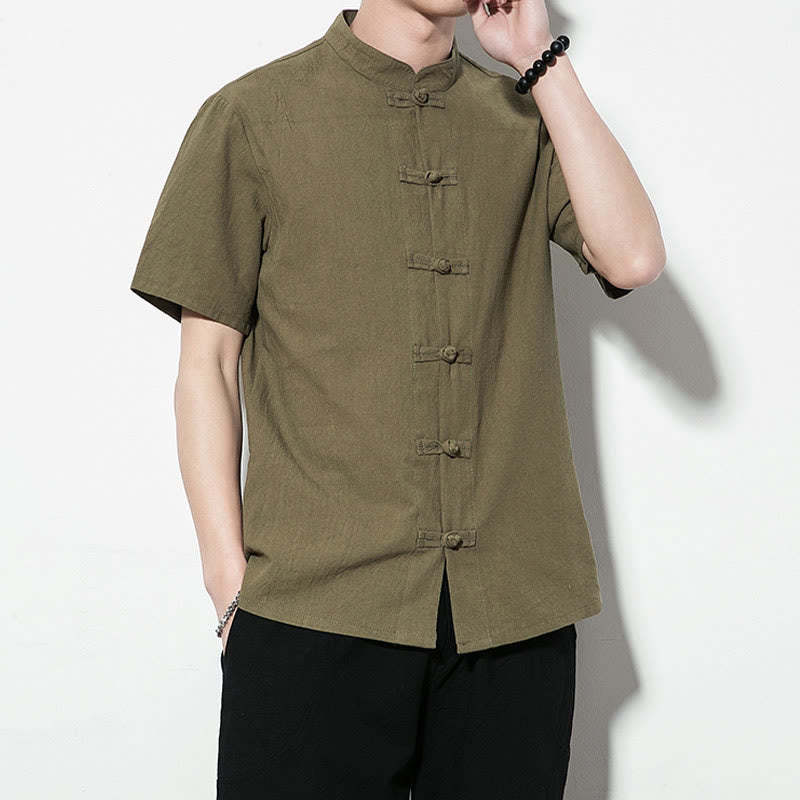 Casual Solid Color Front Frog Buttons Chinese Tang Suit Short Sleeve Linen Men's Shirt