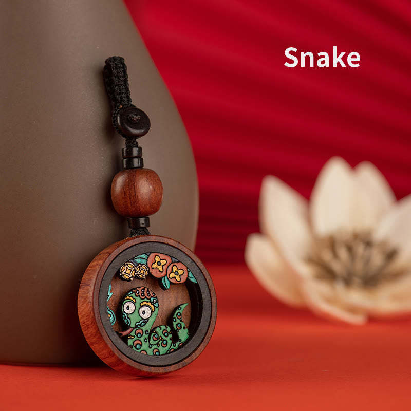 Year Of The Dragon Hand Painted Chinese Zodiac Rosewood Carved Calm Key Chain
