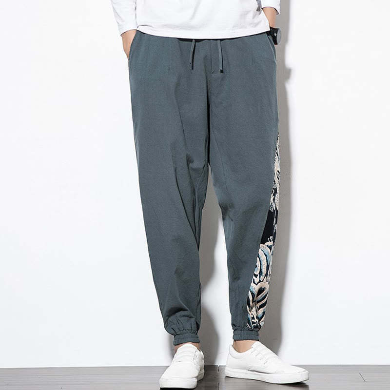 Summer Dragon Waves Cotton Men's Pants With Pockets