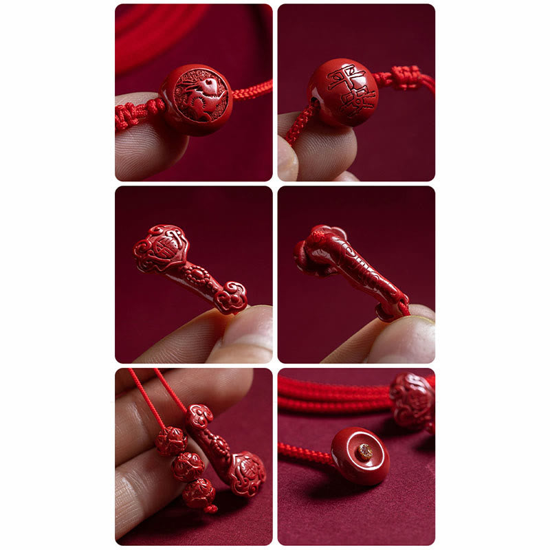 Natural Cinnabar Chinese Zodiac?Ruyi Handle Fu Character Lotus Blessing Red String Belly Chain