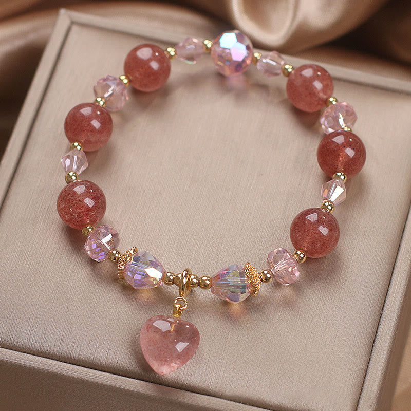 Natural Strawberry Quartz Crystal Love Heart Healing Positive Bracelet