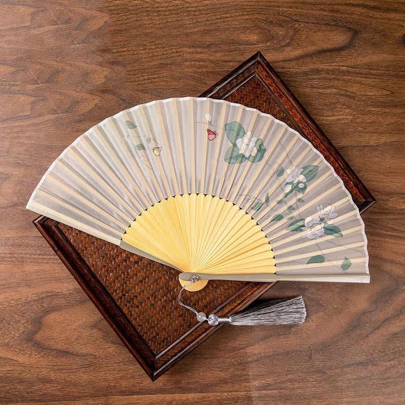 Jasmine Lotus Begonia Flowers Handheld Bamboo Folding Fan