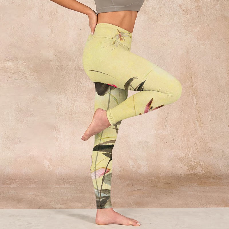 Pink Blooming And Unbloomed Lotus Print Gym Leggings Women's Yoga Pants