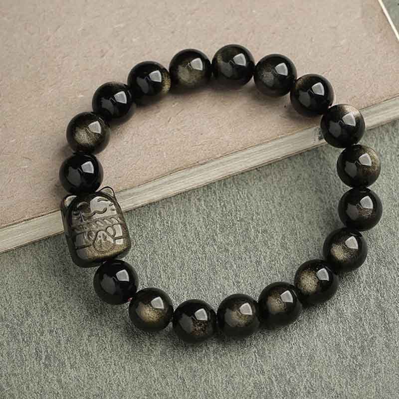 Gold Sheen Obsidian Silver Sheen Obsidian Lovely Paw Lucky Cat Protection Bracelet