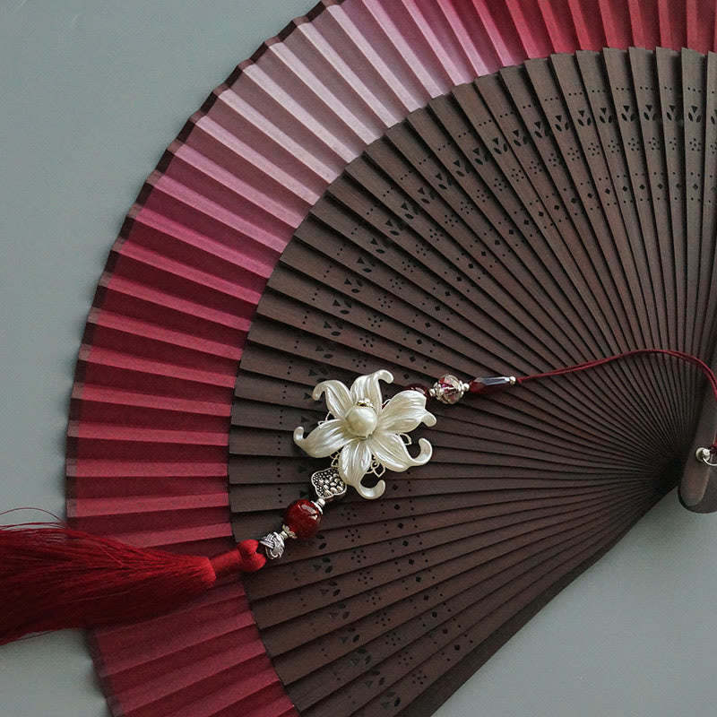 Red Lily Tassel Hollow Rib Silk Handheld Bamboo Folding Fan