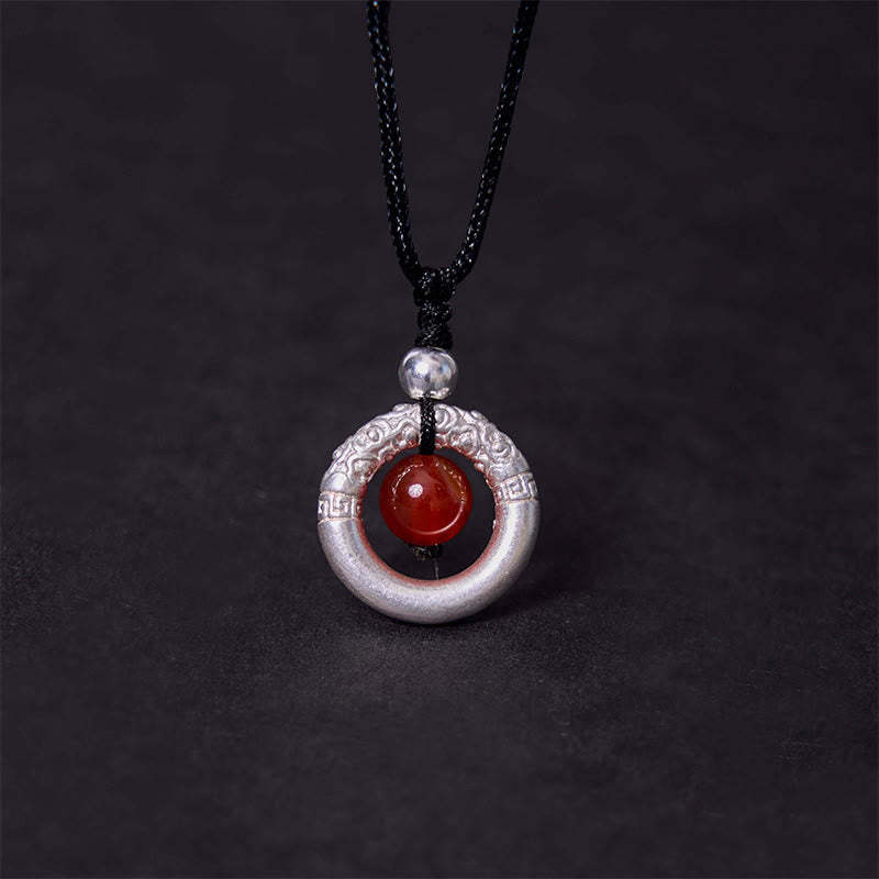 999 Sterling Silver Red Agate Peace Buckle Blessing Necklace Pendant