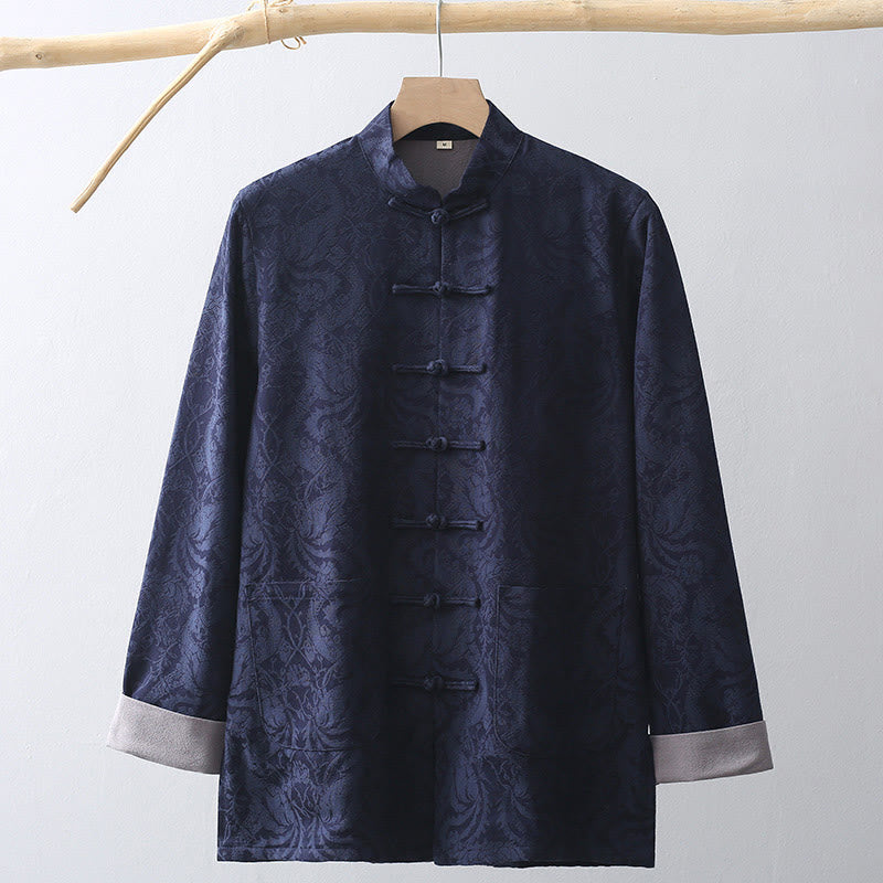 Chinese New Year Jacquard Embroidery Solid Color Cuff Frog-button Tang Suit Cotton Men's Jacket Shirt With Pockets