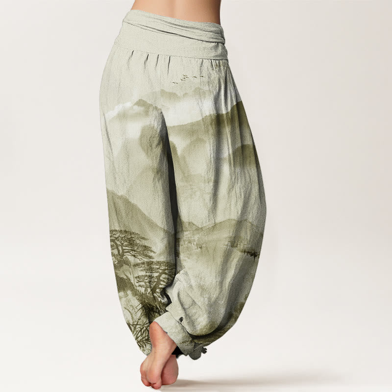 Mountains Trees Landscape Ink Painting Women's Elastic Waist Harem Pants