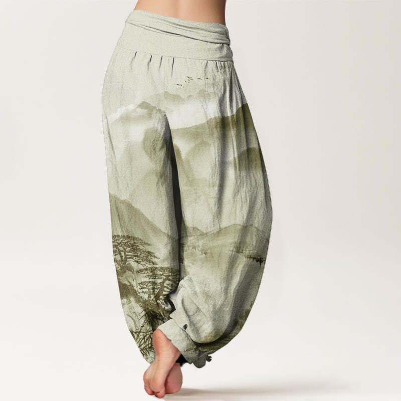 Mountains Trees Landscape Ink Painting Women's Elastic Waist Harem Pants