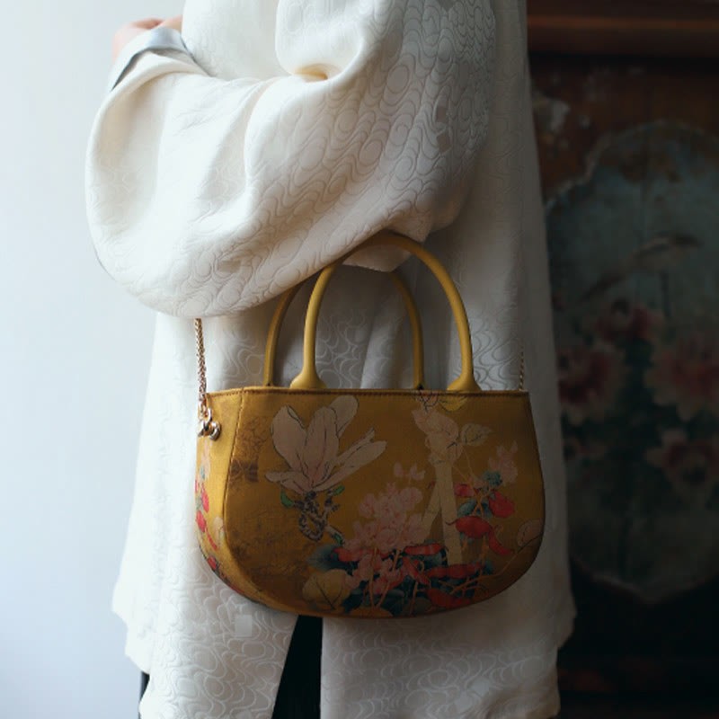 Vintage Flower Peony Metal Chain Zipper Handbag Crossbody Bag Shoulder Bag