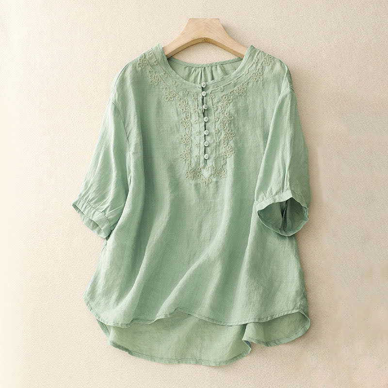 Casual Women's Plain Frog Buckle Design Half Sleeve Cotton Linen Shirt