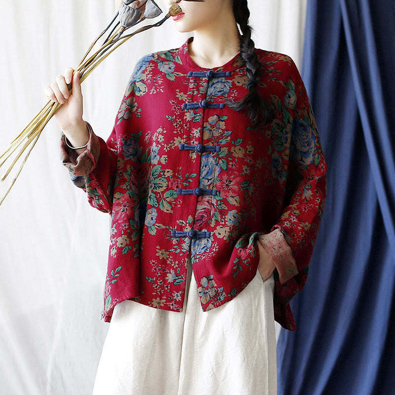 Red Flowers Green Leaves Print Frog-button Design Long Sleeve Cotton Linen Jacket Shirt
