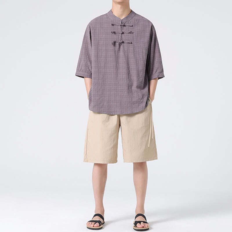 Frog-Button Plaid Pattern Chinese Tang Suit Half Sleeve Shirt Cotton Linen Men Clothing