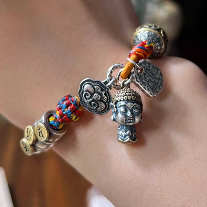Handmade Tibetan 925 Sterling Silver Chinese Zodiac Natal mystic zen Zakiram Goddess of Wealth Protection Multicolored Rope Braided Bracelet