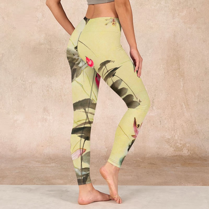 Pink Blooming And Unbloomed Lotus Print Gym Leggings Women's Yoga Pants