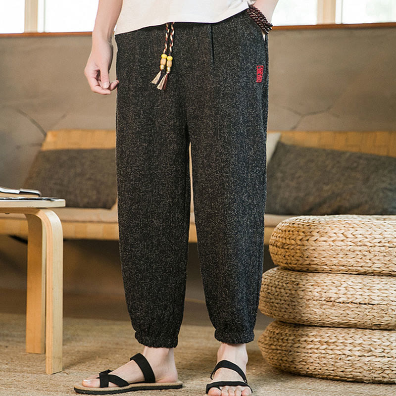Plain Drawstring Cotton Men's Harem Pants With Pockets
