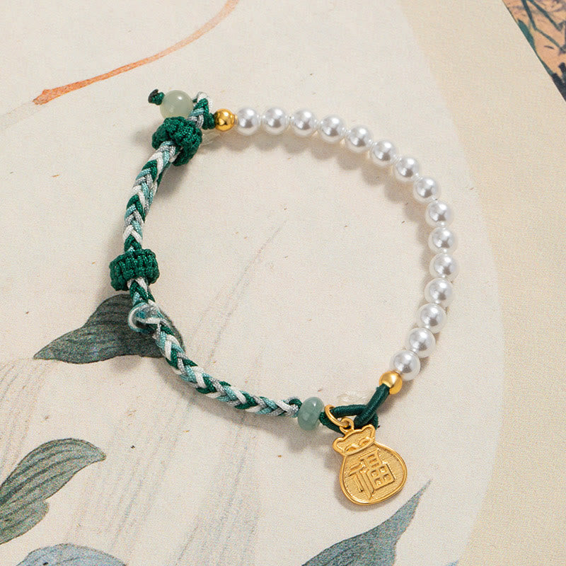 925 Sterling Silver Fu Character Lucky Bag Pearl Hetian Jade Wisdom Rope Bracelet