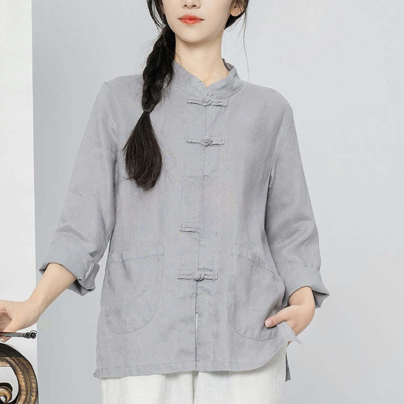 Solid Color Frog-button Long Sleeve Linen Women's Shirts With Pockets