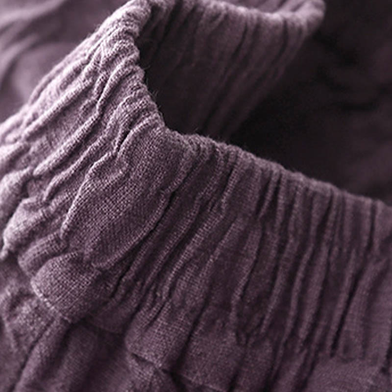 Solid Color Carrot Type Wrinkled Design Elastic Waistband Cotton Linen Women's Pants With Pockets