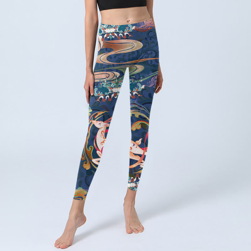 Deer Auspicious Clouds Lotus Gym Leggings Women's Yoga Pants