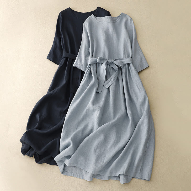 Casual Plain Crew Neck Lace-up Half Sleeve Cotton Linen Midi Dress With Pockets