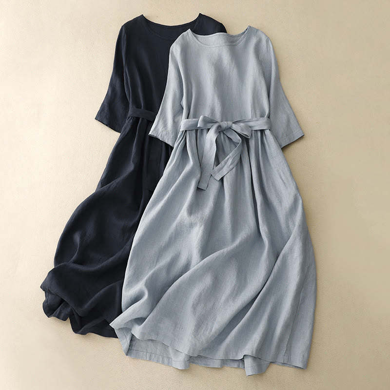 Casual Plain Crew Neck Lace-up Half Sleeve Cotton Linen Midi Dress With Pockets