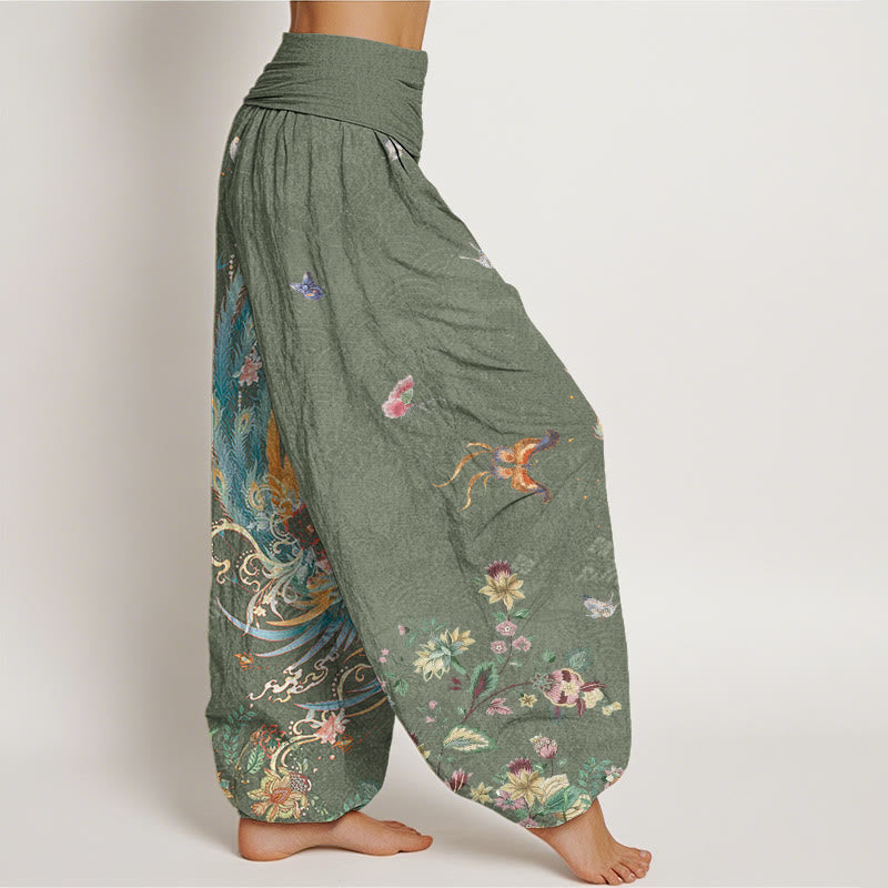 Casual Colorful Phoenix Butterfly Floral Pattern Women's Elastic Waist Harem Pants