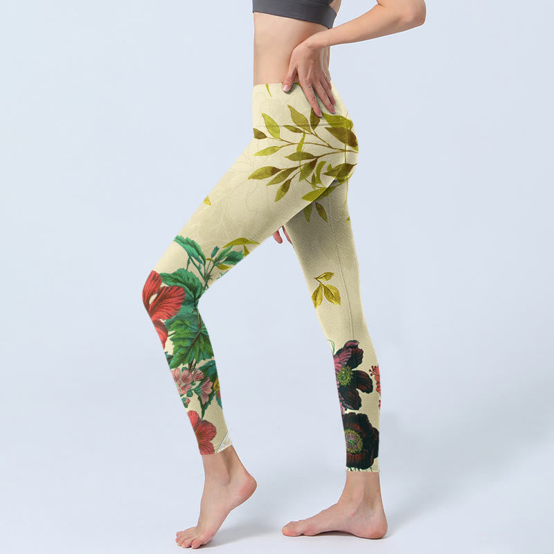 Golden Green Leaves Colorful Flowers Gym Leggings Women's Yoga Pants