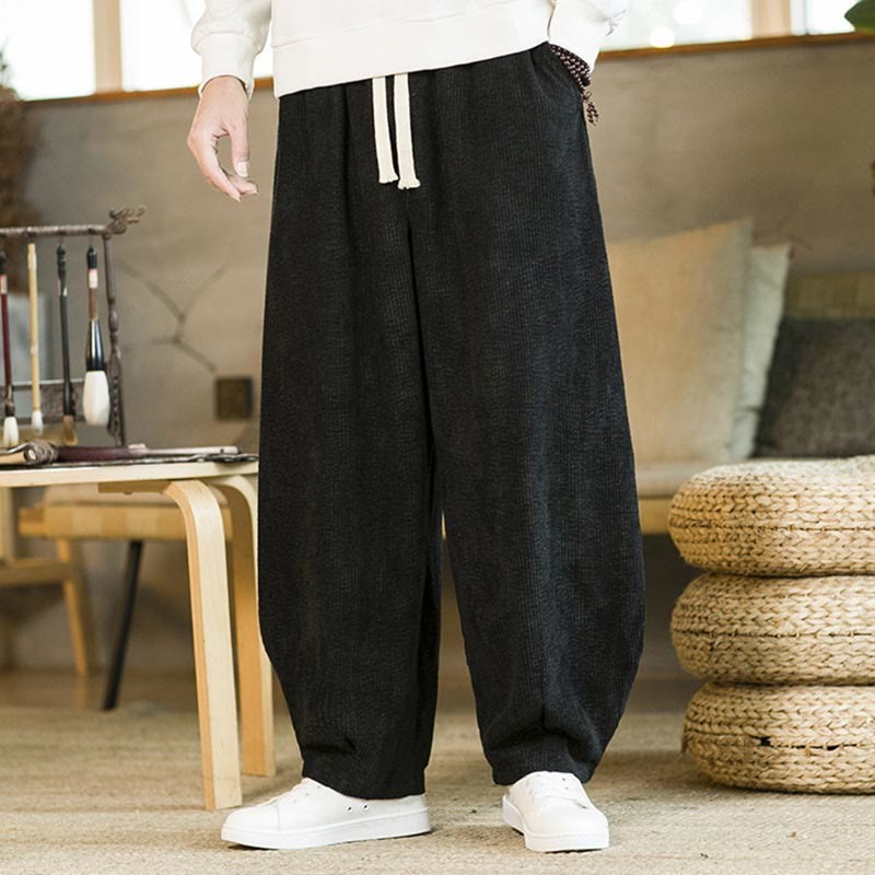 Fall Winter Men's Drawstring Corduroy Harem Pants With Pockets