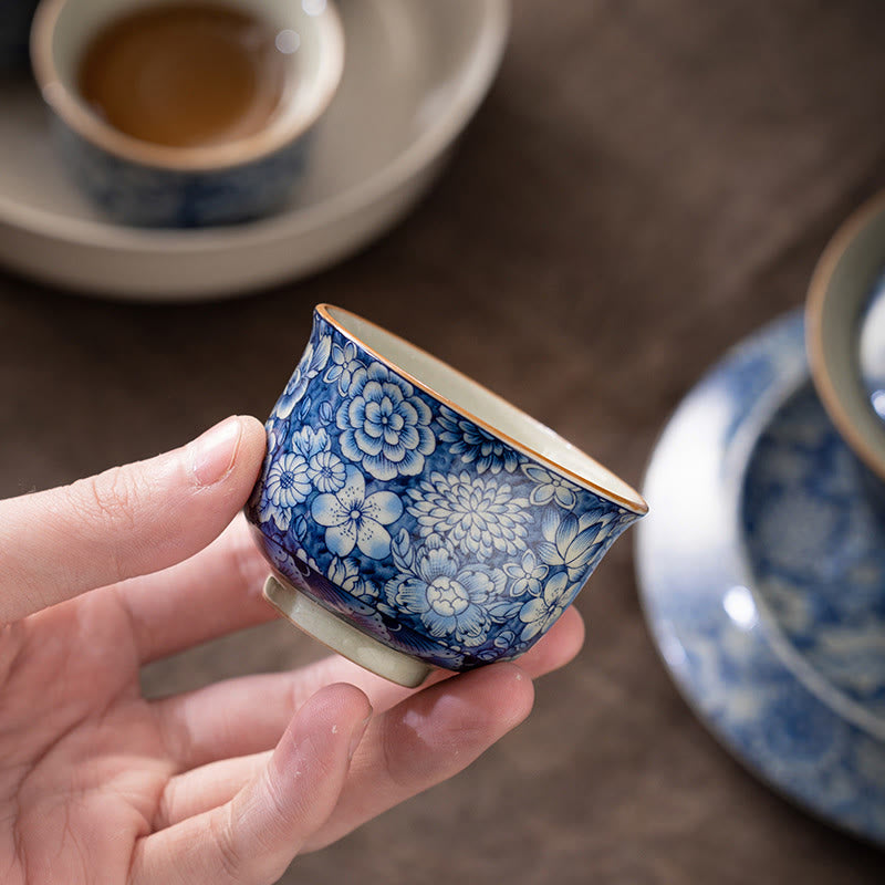 Vintage Lotus Peony Plum Blossom Chrysanthemum Ceramic Teacup Tea Cups