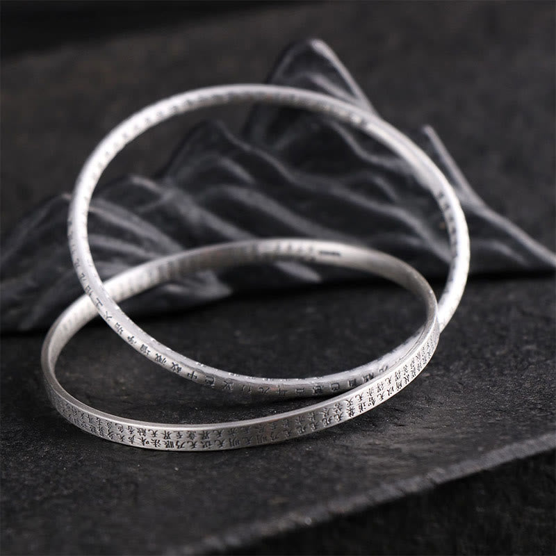 999 Sterling Silver Heart Sutra Carved Protection Bracelet Bangle