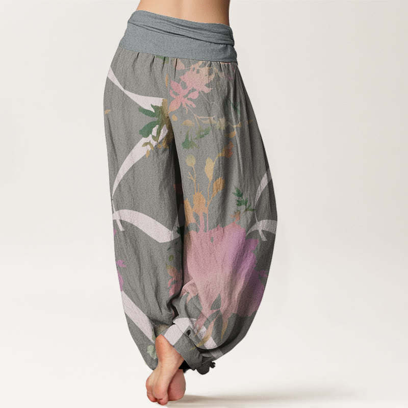 Abstract Floral Paintings Ribbon Design Women's Elastic Waist Harem Pants