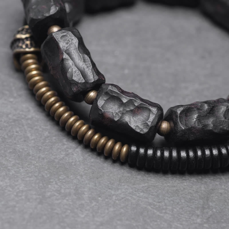Ebony Wood Copper Brass Red Agate Peace Double Wrap Bracelet