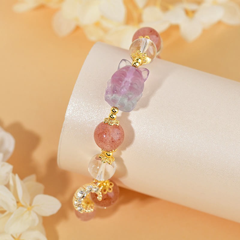 Natural White Strawberry Quartz Crystal Healing Love Nine-tailed Fox  Moon Pendant Bracelet