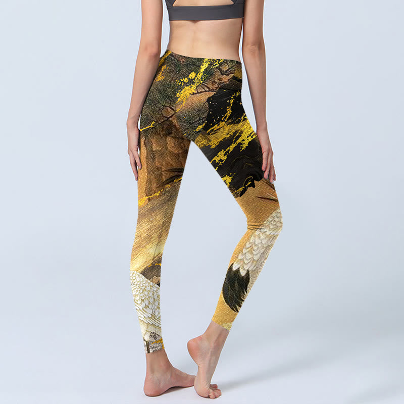 Rock Pine Tree Red-crowned Crane Pattern Print Gym Leggings Women's Yoga Pants