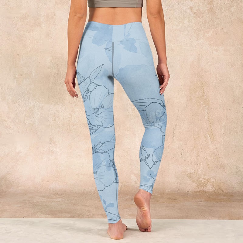 Blue Flower Sketch Print Sports Leggings Women's Yoga Pants