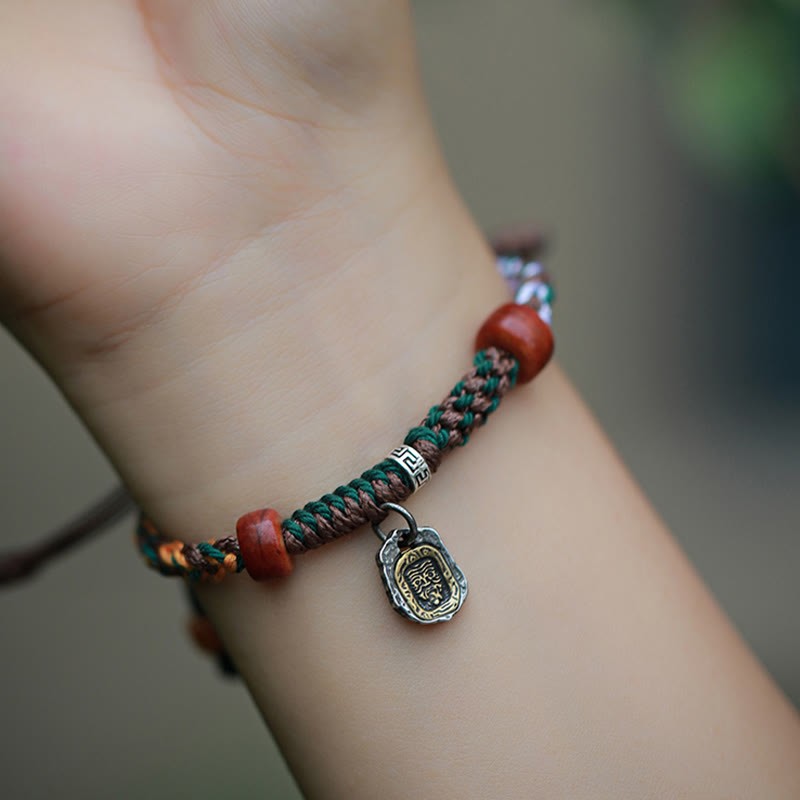 Handmade Tibetan Silver 925 Sterling Silver Zakiram Goddess of Wealth Camel Bone Protection Braided Bracelet