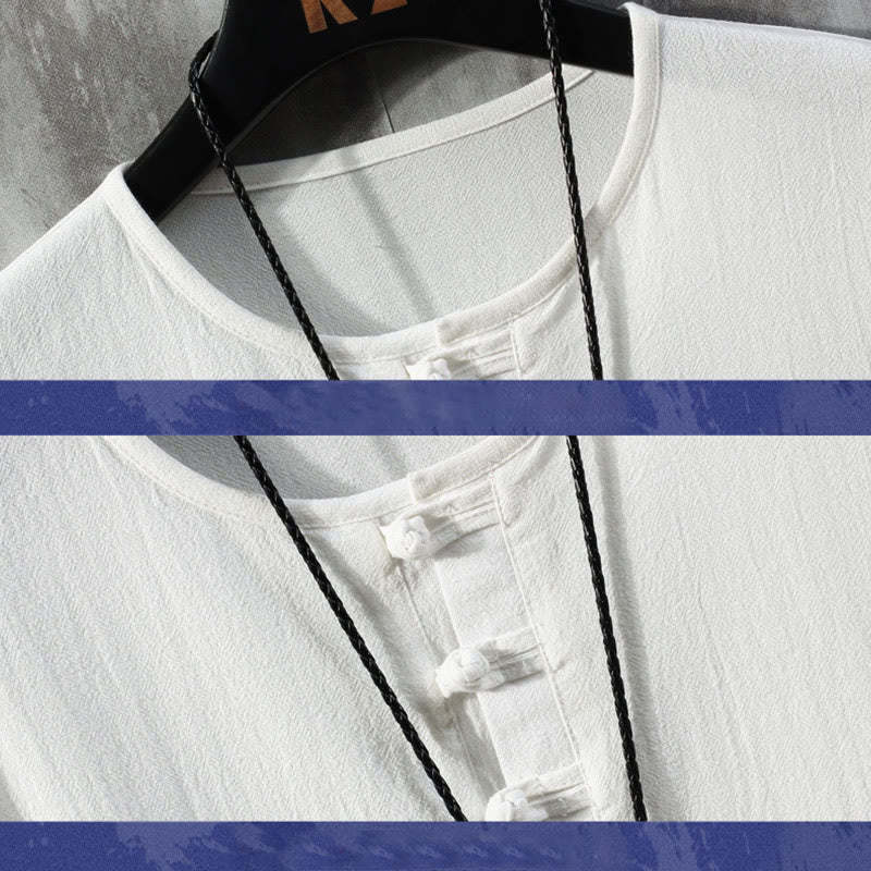 Frog-Button Plain Color Chinese Tang Suit Half Sleeve Shirt Linen Men Clothing