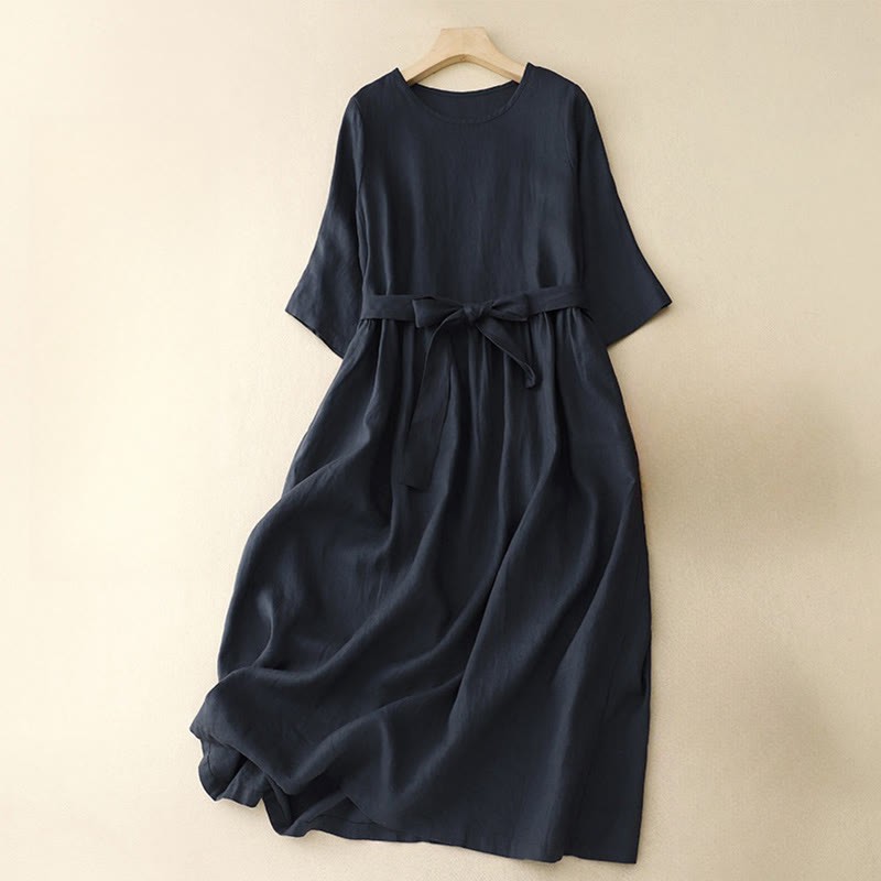 Casual Plain Crew Neck Lace-up Half Sleeve Cotton Linen Midi Dress With Pockets