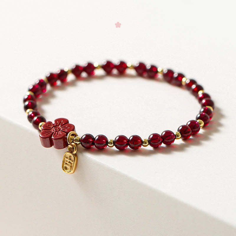 14K Gold Natural Garnet Cinnabar Flower Calm Bracelet